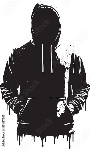 Abstract hooded figure against white backdrop evoking anonymity