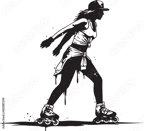 Stylized roller skating woman silhouette against crisp white bac