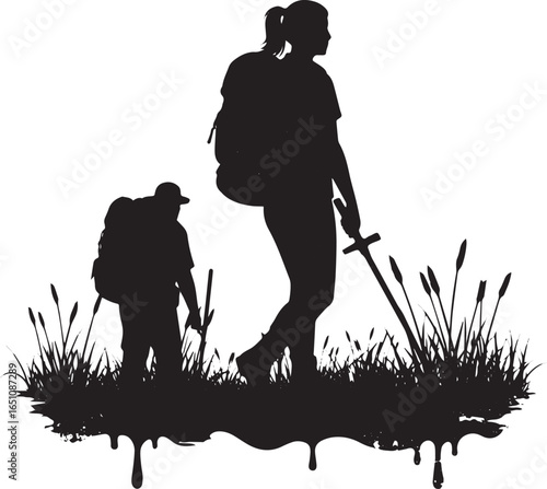 Silhouette of hikers trekking through grassy terrain with trekki