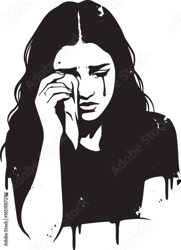 Monochrome depiction of a despondent woman wiping tears with a t