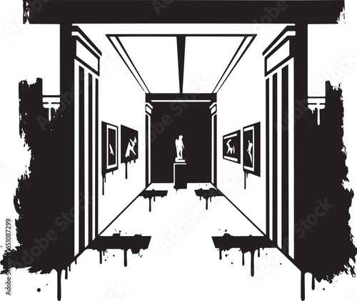 Striking monochrome graphic depicting an art gallery hallway wit