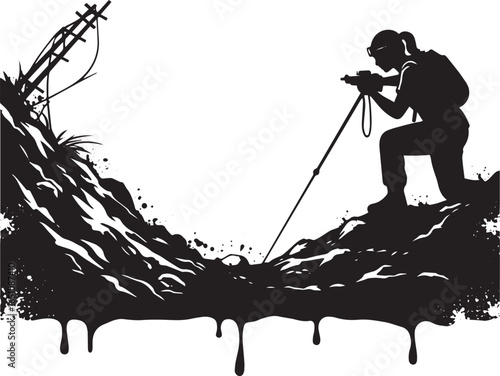 Silhouette of photographer woman with camera trekking on rough t