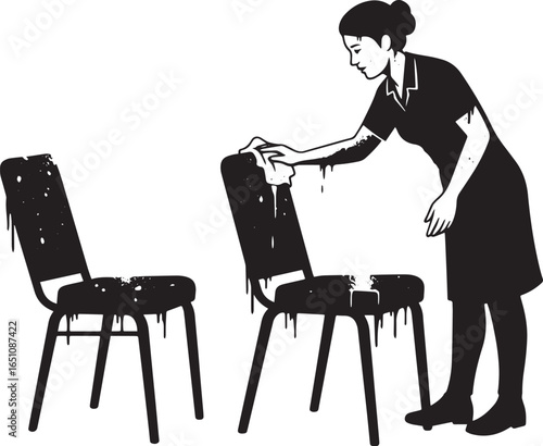 Monochrome depiction of a woman wiping paint off chairs, concept
