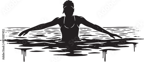 Monochromatic water silhouette swimmer emerging, strength in iso