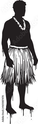 Elegant silhouette of a man in traditional hula attire against a