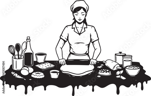 Woman in headscarf expertly rolls out dough with culinary tools
