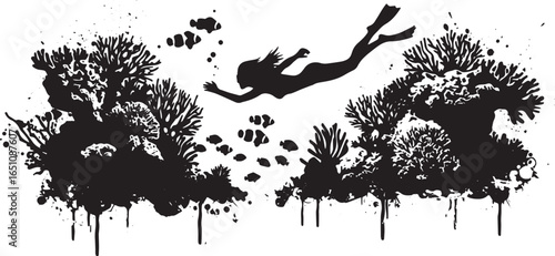 Silhouette of a diver exploring a vibrant coral reef with school