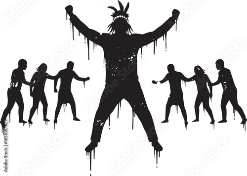 Silhouette of tribal leader celebrating victory with followers a