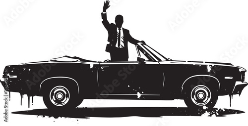 Stylish silhouette of a businessman waving from a convertible ca