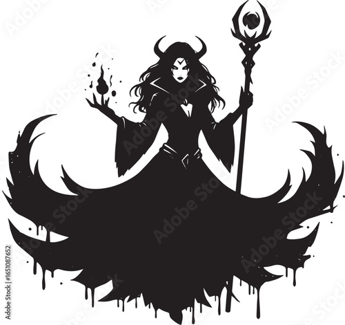 Silhouette of a dark sorceress wielding a staff and casting a bl