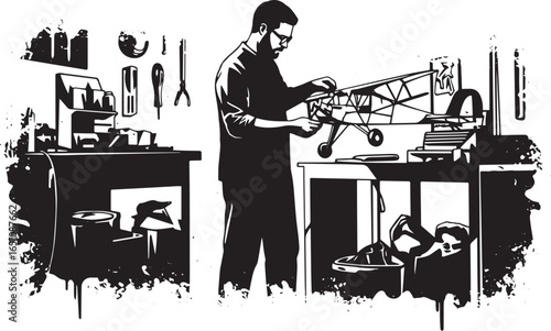 Man constructing a vintage model airplane in workshop with tools