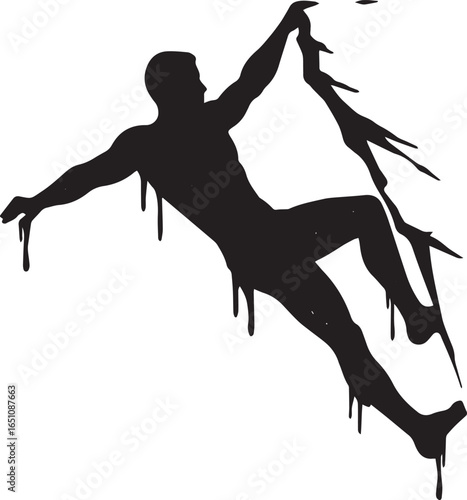 Silhouette of a climber clinging to a jagged cliff face with art