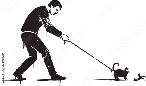 Stylized Illustration of a Man "Walking" a Cat with Monochromati