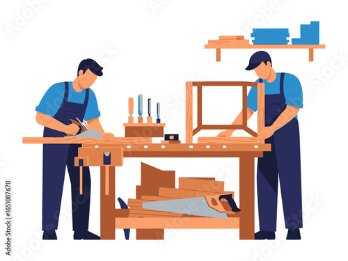 Artisan Workshop: Two skilled artisans dedicated to their craft work diligently in a well-equipped workshop, crafting furniture and meticulously working wood.
