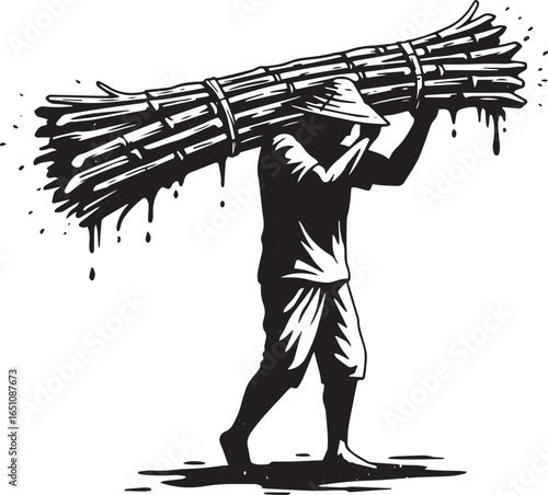 Monochrome depiction of a worker carrying bundled canes on white