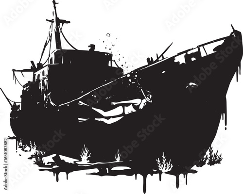 Monochrome illustration of snorkeling around a submerged shipwre