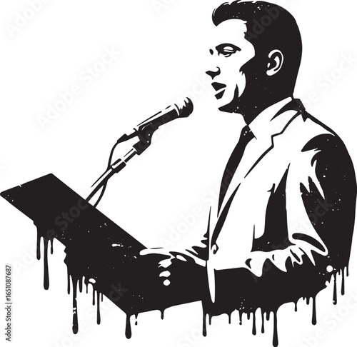 Monochromatic orator conveying speech with dynamism and stylisti