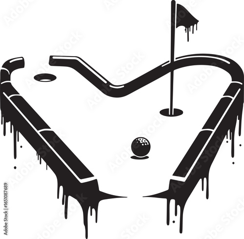 Abstract black and white mini golf course with dripping paint de