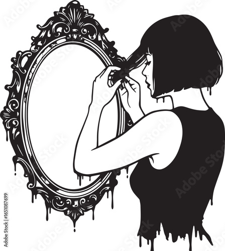 Woman adjusting her hair in a decorative vintage mirror illustra