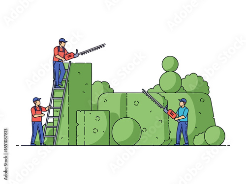 Greenery Professionals:  Three workers meticulously shape bushes and hedges with precision, their synchronized actions creating a harmonious landscape, and ensuring everything is well-maintained.
