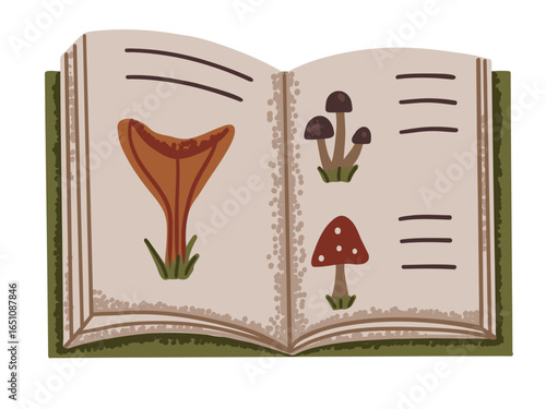 Open book with mushroom picture inside. Flat illustration with texture