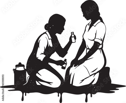 Monochrome depiction of caregiver providing assistance with medi