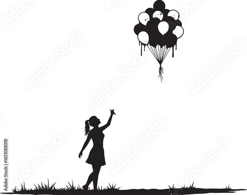 Silhouette of a girl releasing a bunch of balloons into the sky