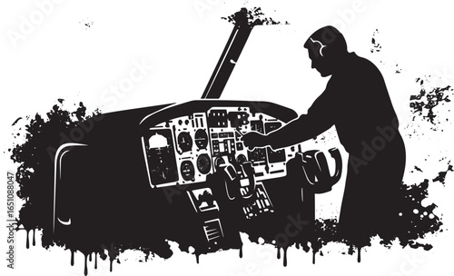 Pilot preparing cockpit instruments in silhouette style for flig