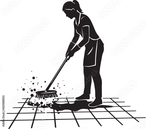 Monochrome depiction of a cleaning lady mopping a tiled floor wi
