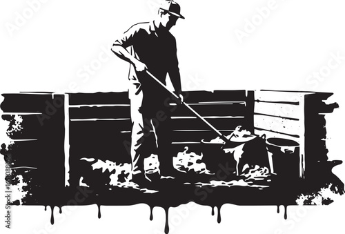 Monochrome depiction of a man working in a compost area with a f