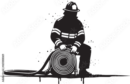 Monochrome Illustration of Firefighter Coiling a Hose for Emerge