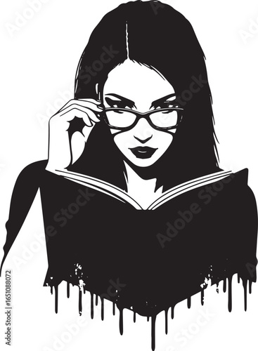 Seductive reader adjusting glasses with a captivating and alluri