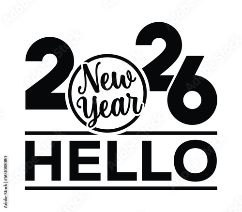 Minimalist black and white graphic design featuring bold “2026” numerals with circular “New Year” and “HELLO” text below. Clean, modern, centered composition for festive greetings.
