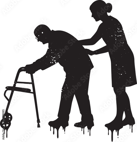 Silhouette of woman aiding elderly man with walker, expressive t