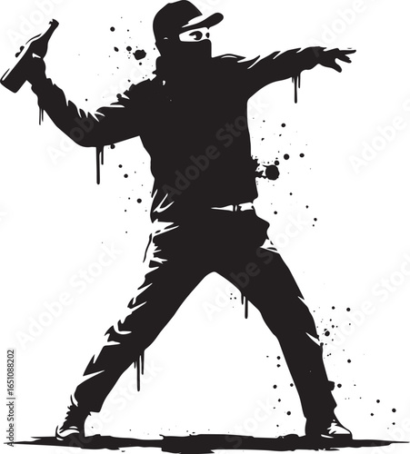 Silhouette of a man throwing a molotov cocktail against a white