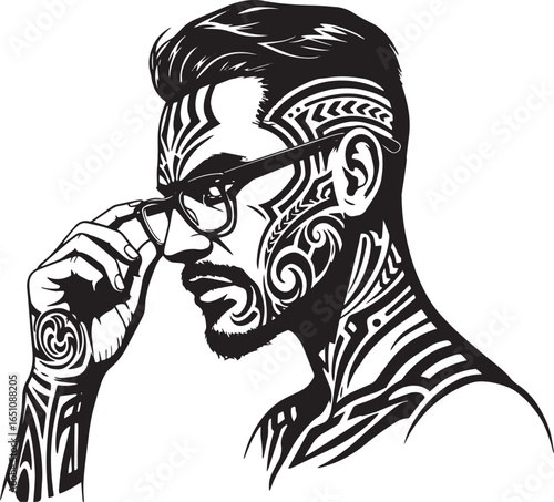 Monochrome Portrait of a Man with Tribal Tattoos Adjusting Eyegl