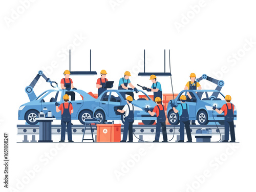 Automotive assembly line: Depicts a modern car factory with automated processes, teams of skilled workers meticulously assembling vehicles on the production line.