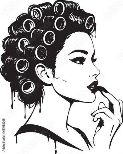 Vintage inspired illustration of a woman with hair rollers and r