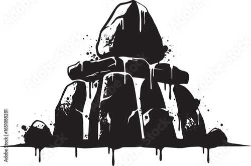 Monochrome megalithic stone illustration with dripping ink effec