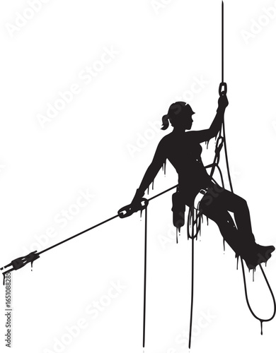 Silhouette of a woman rappelling down a rope with climbing equip