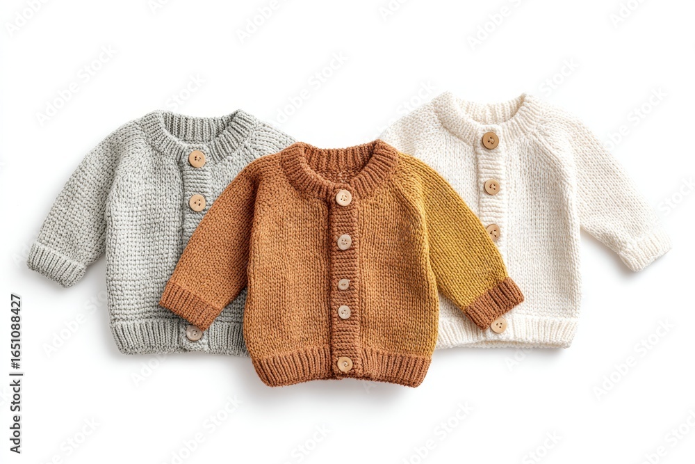 Obraz premium Set of baby cardigan, sweaters, onesies on a light background. Fashion newborn clothes made with organic cotton, wool. Cute knitted kids soft clothing. Infant trendy bodysuit natural warm earthy color