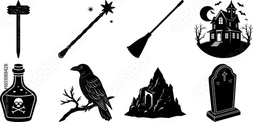 Halloween Silhouette Vector Set with Haunted House and Witchy Elements
