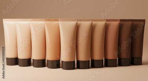 Tubes of Foundation in Gradient Skin Shades on Beige Background