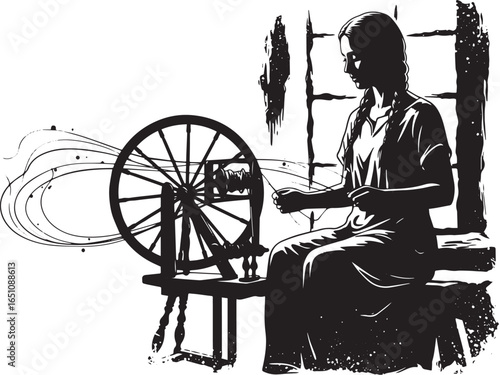 Monochrome silhouette depicting a woman spinning yarn on a tradi