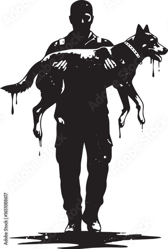Monochrome depiction of a man holding injured dog in arms offeri