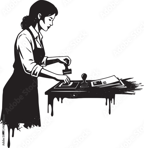 Monochrome illustration of woman stamping documents at desk work