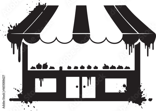 Stylized farmers market stand in black vector with paint splatte