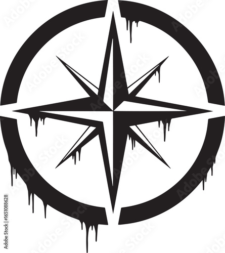 Graphic black and white compass rose illustration with dripping