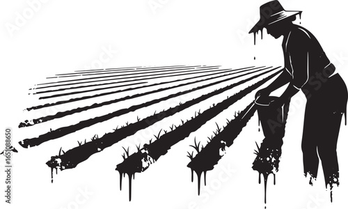 Graphic silhouette depicting a farmer tending crops in a vast ag