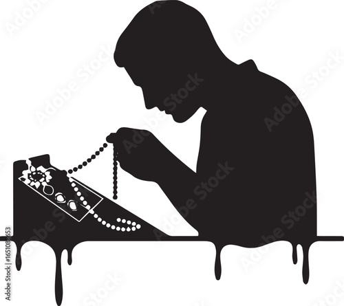 Silhouette of a jeweler crafting exquisite jewelry with focused